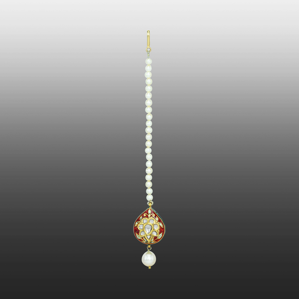 Red Enamel Polki Mangtikka with Pearl Strand and Drop